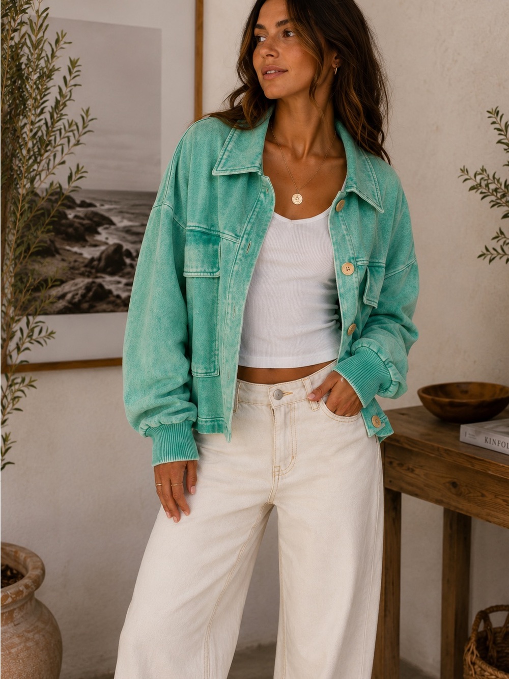Zenana Outfitters Mint Green Cropped Cotton Jacket